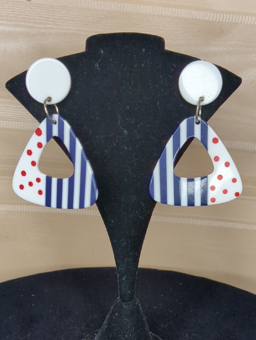 Vintage 80s Plastic Triangle Dangle Earrings Navy Stripe, White & Red Polka Dot